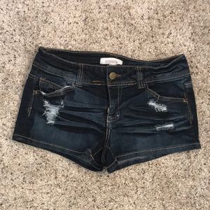 Dark distressed denim shorts